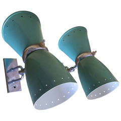 Rare Superb 1950s French Pair of Orientable Wall Sconces in Aqua Lacquered Metal