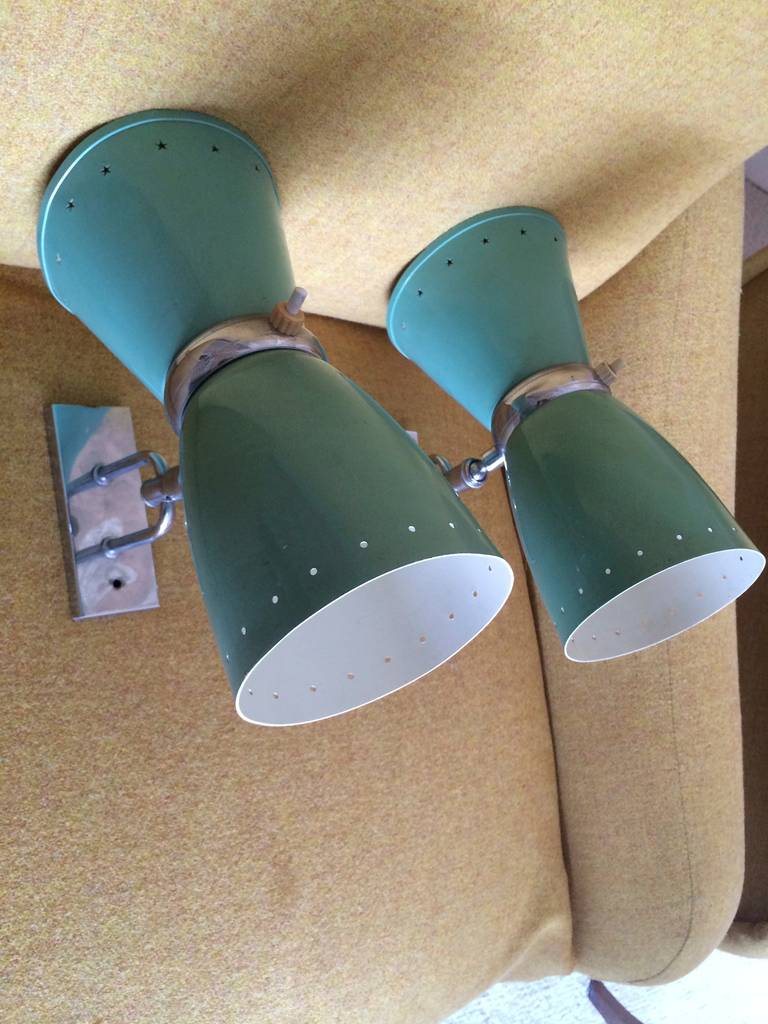Rare Superb 1950s French Pair of Orientable Wall Sconces in Aqua Lacquered Metal