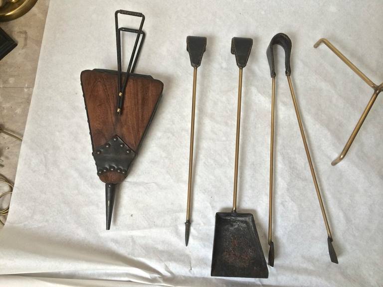 Jacques Adnet 1940s Black Hand-Stitched Leather Fire Tools in Genuine Condition 4