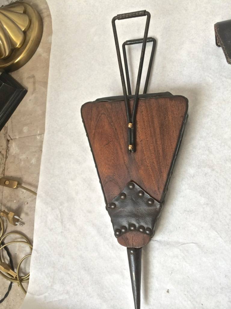 20th Century Jacques Adnet 1940s Black Hand-Stitched Leather Fire Tools in Genuine Condition