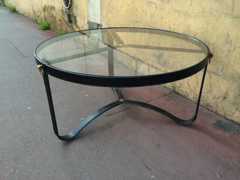 Brass Jacques Adnet 1940s Black Hand-Stitched Leather Tripod Coffee Table For Sale