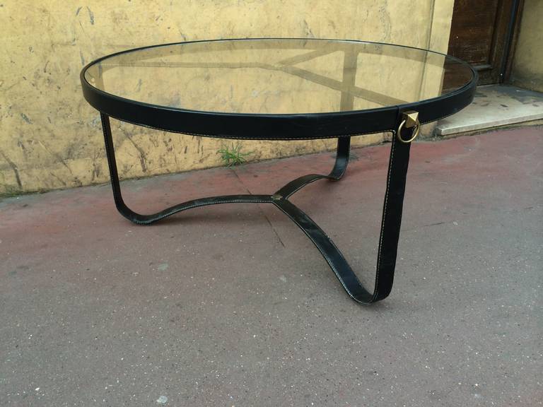 Jacques Adnet 1940s Black Hand-Stitched Leather Tripod Coffee Table For Sale 1