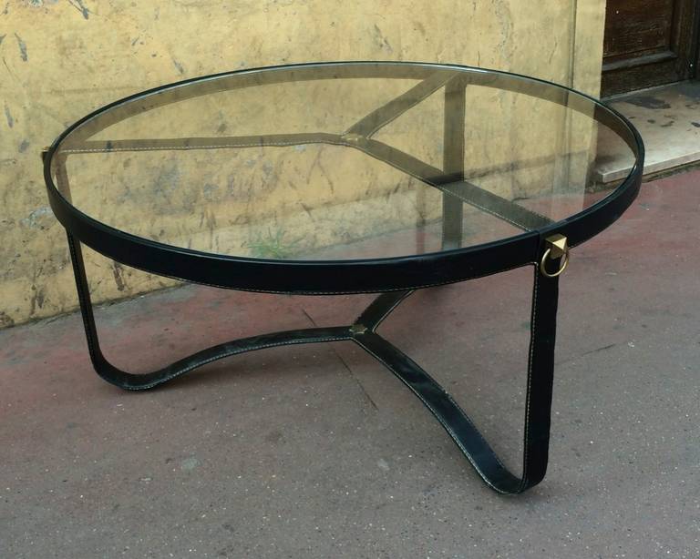 Jacques Adnet 1940s Black Hand-Stitched Leather Tripod Coffee Table For Sale 3