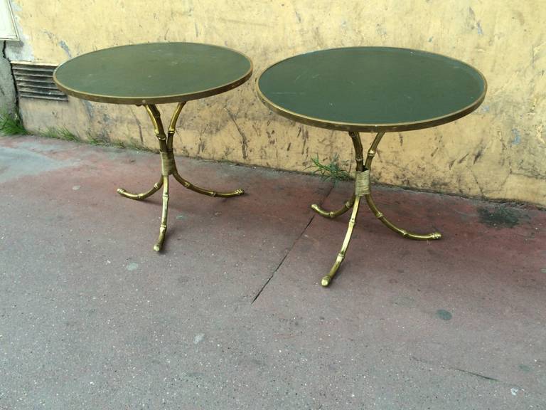 Maison Jansen 1940s Pair of Gold Bamboo Gilded and Leather-Top Tables 2