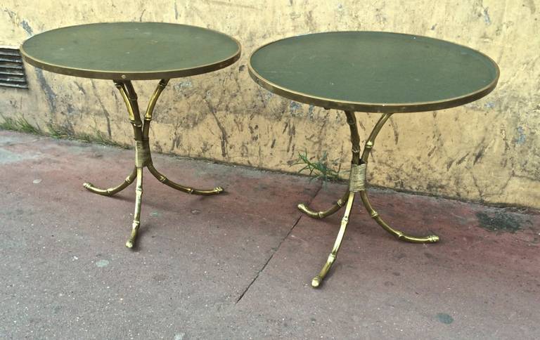 Maison Jansen 1940s pair of gold bamboo gilded and leather-top tables.