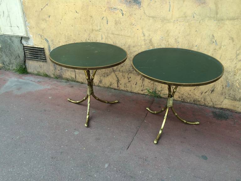 French Maison Jansen 1940s Pair of Gold Bamboo Gilded and Leather-Top Tables