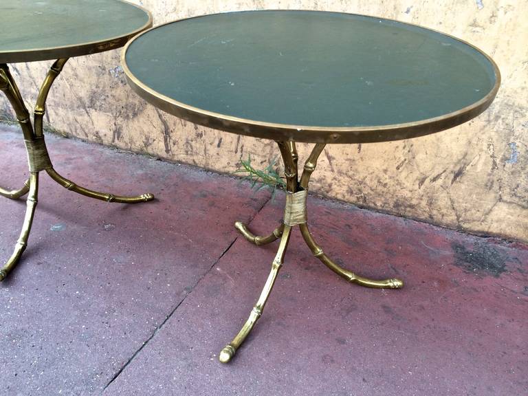 Maison Jansen 1940s Pair of Gold Bamboo Gilded and Leather-Top Tables In Good Condition In Paris, ile de france