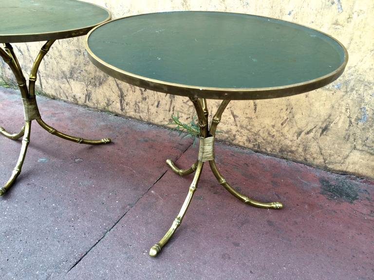 Maison Jansen 1940s Pair of Gold Bamboo Gilded and Leather-Top Tables 3