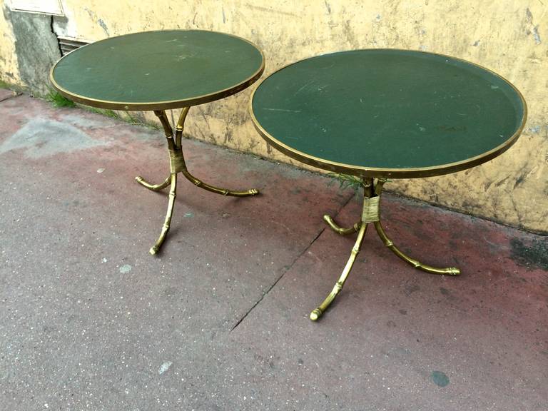 Maison Jansen 1940s Pair of Gold Bamboo Gilded and Leather-Top Tables 1