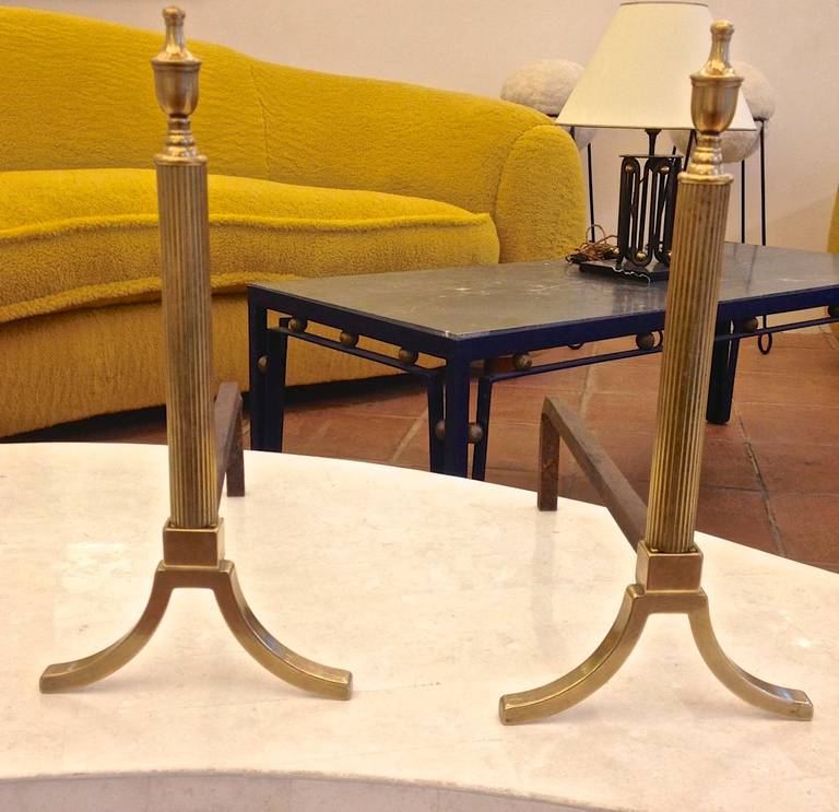 20th Century French Neoclassic 1950s Pair of Brass Andirons For Sale