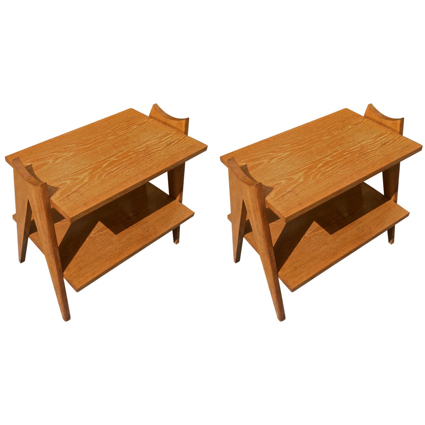 Style of Jean Prouve Pair of Two-Tier "Compas" Side Tables in Cerused Oak For Sale