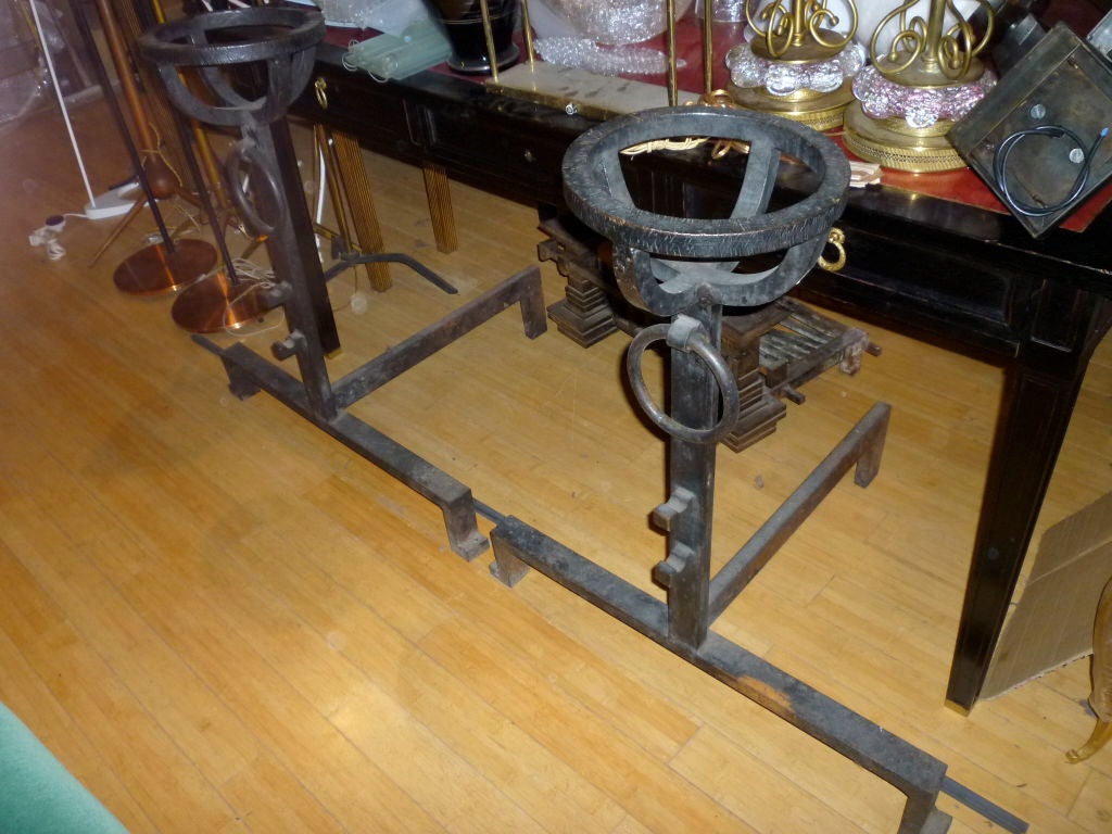 Huge Neoclassic Pair of Andirons in Wrought Iron In Fair Condition For Sale In Paris, ile de france
