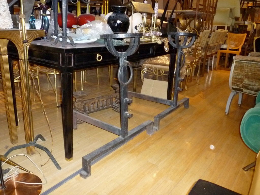 Mid-20th Century Huge Neoclassic Pair of Andirons in Wrought Iron For Sale