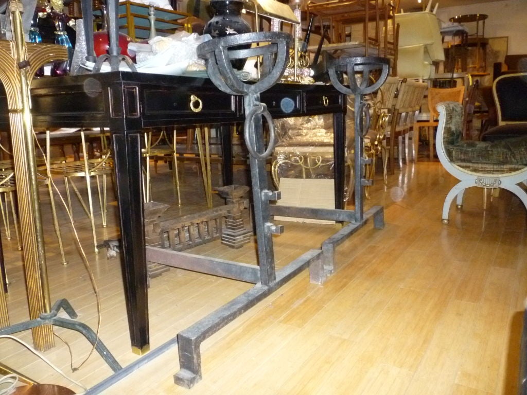 Huge Neoclassic Pair of Andirons in Wrought Iron For Sale 4