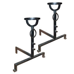 Huge Neoclassic Pair of Andirons in Wrought Iron