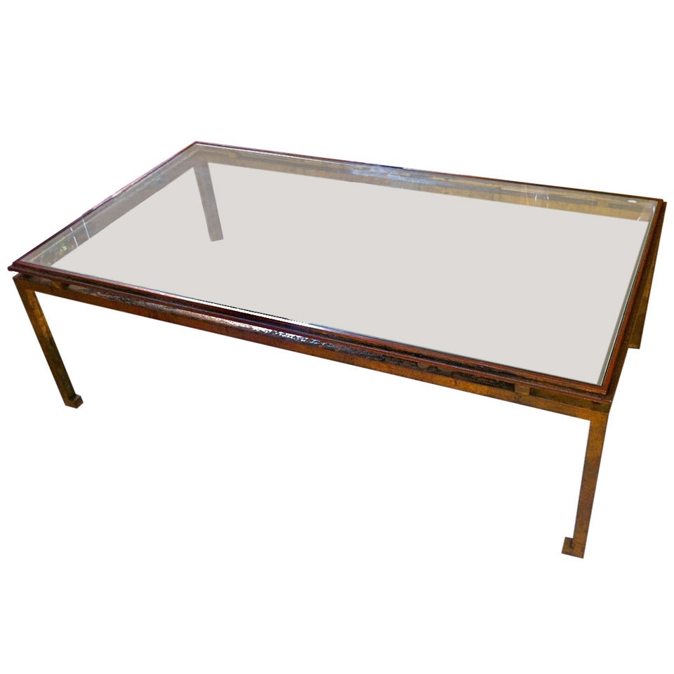 Maison Ramsay Patina Gold Leaf Wrought Iron Rectangular Coffee Table For Sale