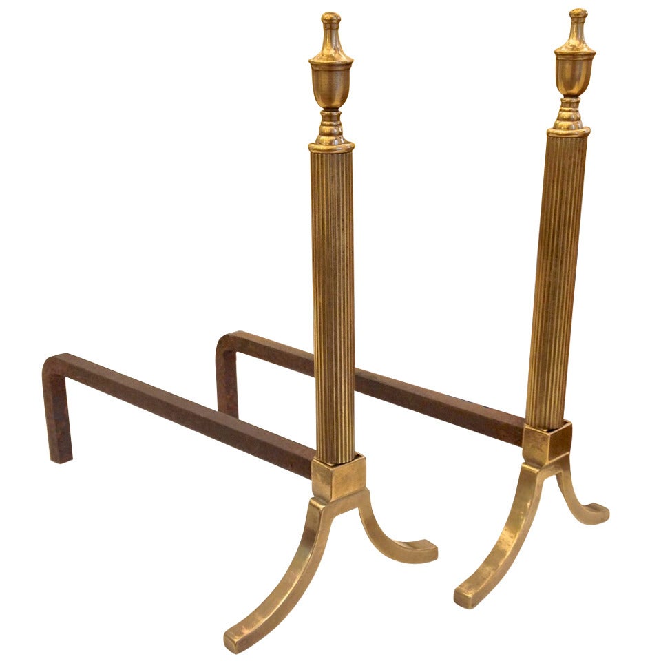 French Neoclassic 1950s Pair of Brass Andirons For Sale