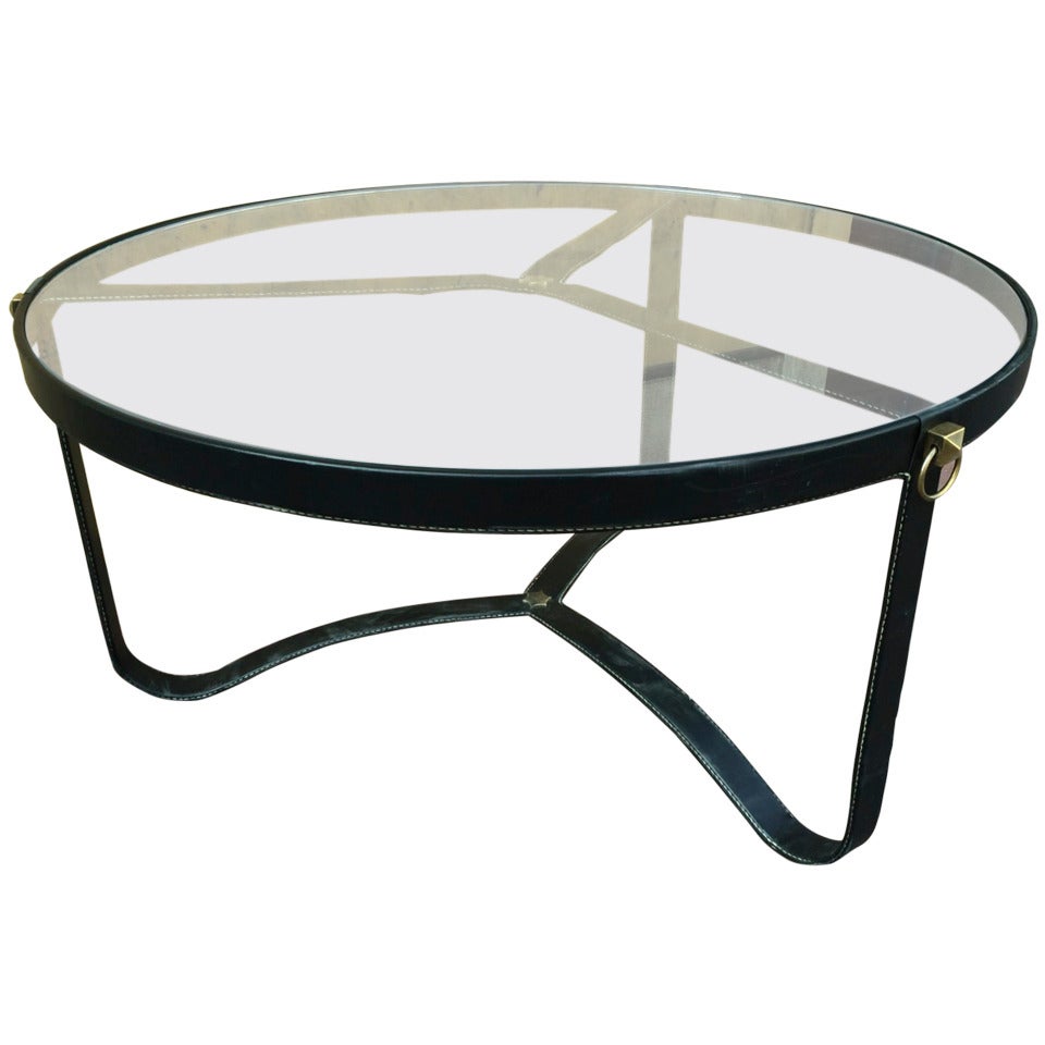 Jacques Adnet 1940s Black Hand-Stitched Leather Tripod Coffee Table For Sale