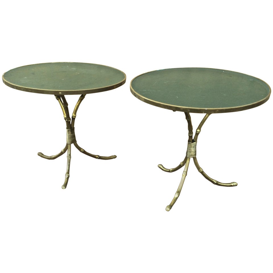 Maison Jansen 1940s Pair of Gold Bamboo Gilded and Leather-Top Tables