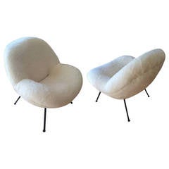 Fritz Neth Spectacular Pair of "Egg" Chairs Reupholstered in Ecru Faux Fur