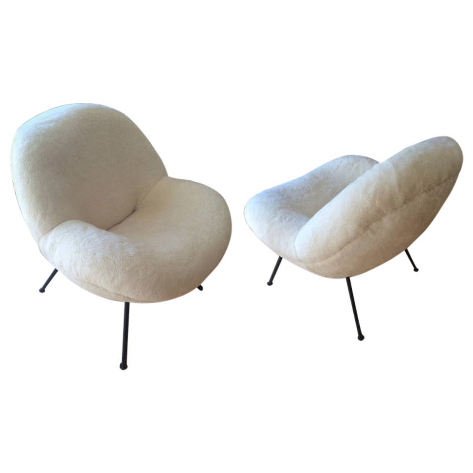 Fritz Neth Spectacular Pair of "Egg" Chairs Reupholstered in Ecru Faux Fur For Sale
