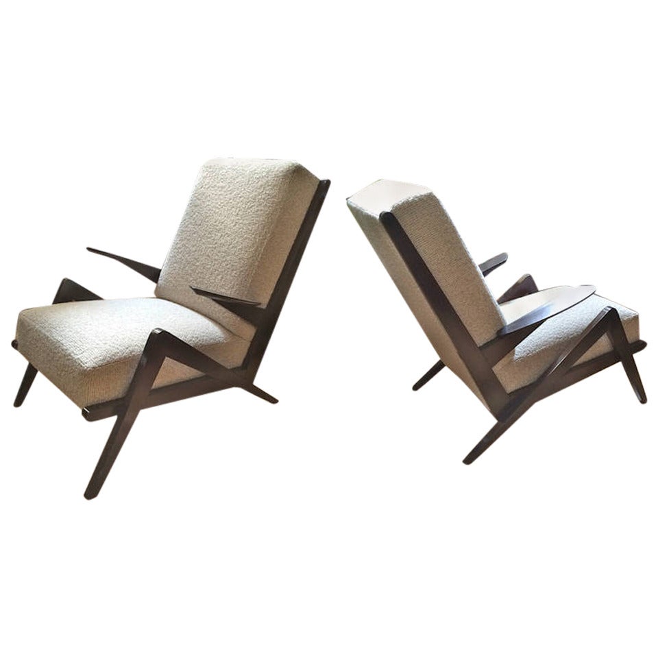 "Grasshopper" Italian Oak 1950s Armchairs, Newly Recovered in Maharam Boucle For Sale