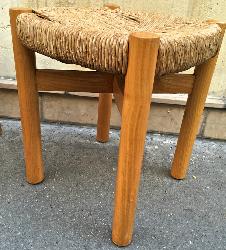 Mid-20th Century Charlotte Perriand Rare Pair of Ash Tree and Rush Stools, Model 