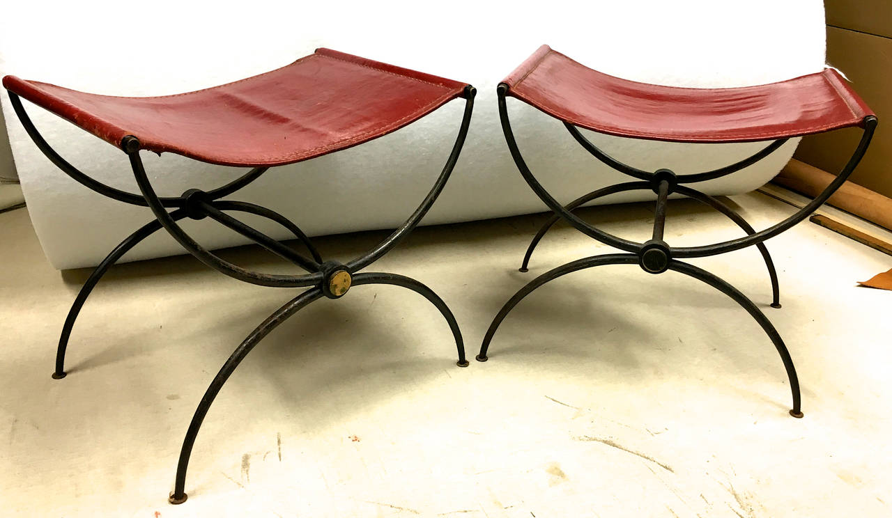 Rene Prou pair of X stools in wrought iron and red hermes color leather in vintage condition.