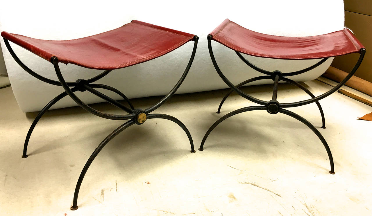 Rene Prou Pair of "X" Stools in Wrought Iron and Red Hermes Color Leather