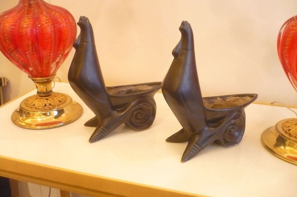 Pair of rooster French black ceramic in a very stylized 1950s French Riviera look signed under bottom Jacquin.
