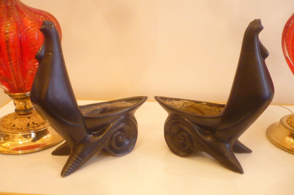 1950s Pair of French Roosters, Black Ceramic, Signed Jacquin In Good Condition For Sale In Paris, ile de france