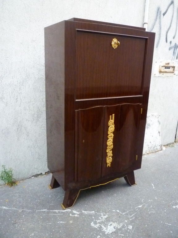 French Signed Jules Leleu 1940s Bar Cabinet in Mahogany and Gold Bronze For Sale