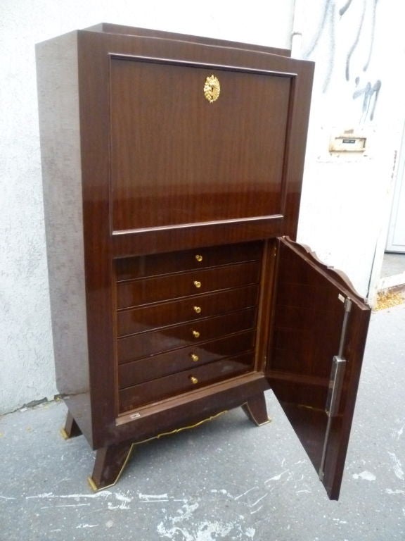 Signed Jules Leleu 1940s Bar Cabinet in Mahogany and Gold Bronze For Sale 4