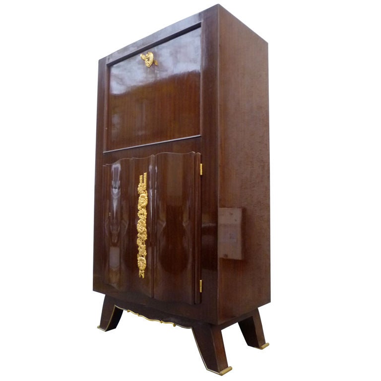 Signed Jules Leleu 1940s Bar Cabinet in Mahogany and Gold Bronze For Sale