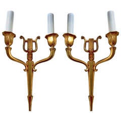 Maison Baguès Refined Gold Bronze Harp Pair of Sconces