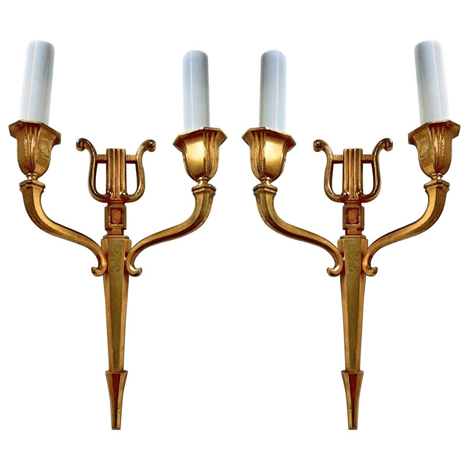 Maison Baguès Refined Gold Bronze Harp Pair of Sconces For Sale