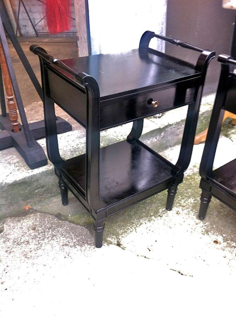 Wood Maison Jansen Pair of Black Lacquered Neoclassic 1940s Bedsides For Sale