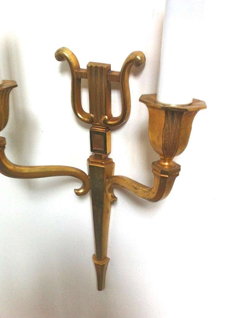 French Maison Baguès Refined Gold Bronze Harp Pair of Sconces For Sale