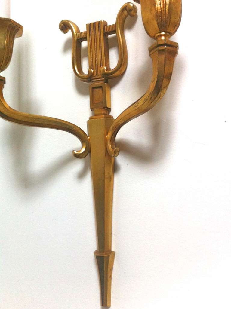 Neoclassical Revival Maison Baguès Refined Gold Bronze Harp Pair of Sconces For Sale