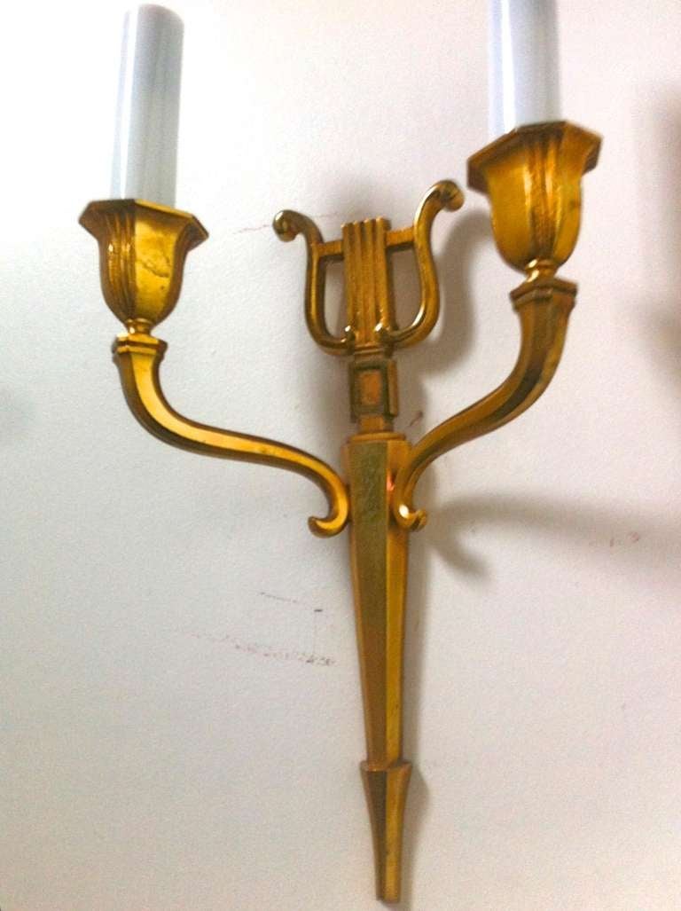 Maison Baguès Refined Gold Bronze Harp Pair of Sconces For Sale 4
