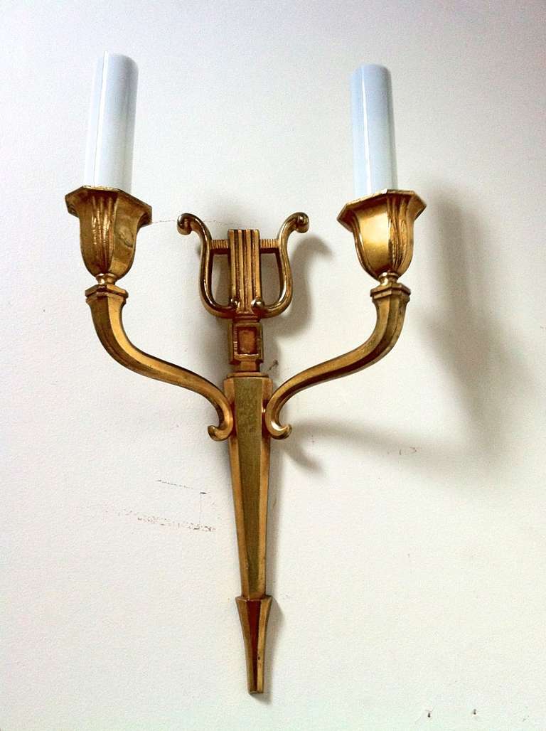 Maison Baguès Refined Gold Bronze Harp Pair of Sconces For Sale 3