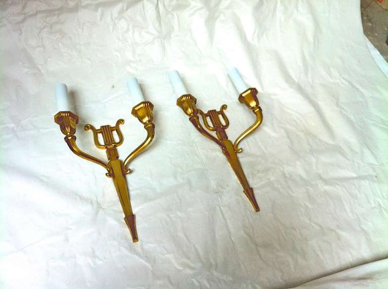 Mid-20th Century Maison Baguès Refined Gold Bronze Harp Pair of Sconces For Sale
