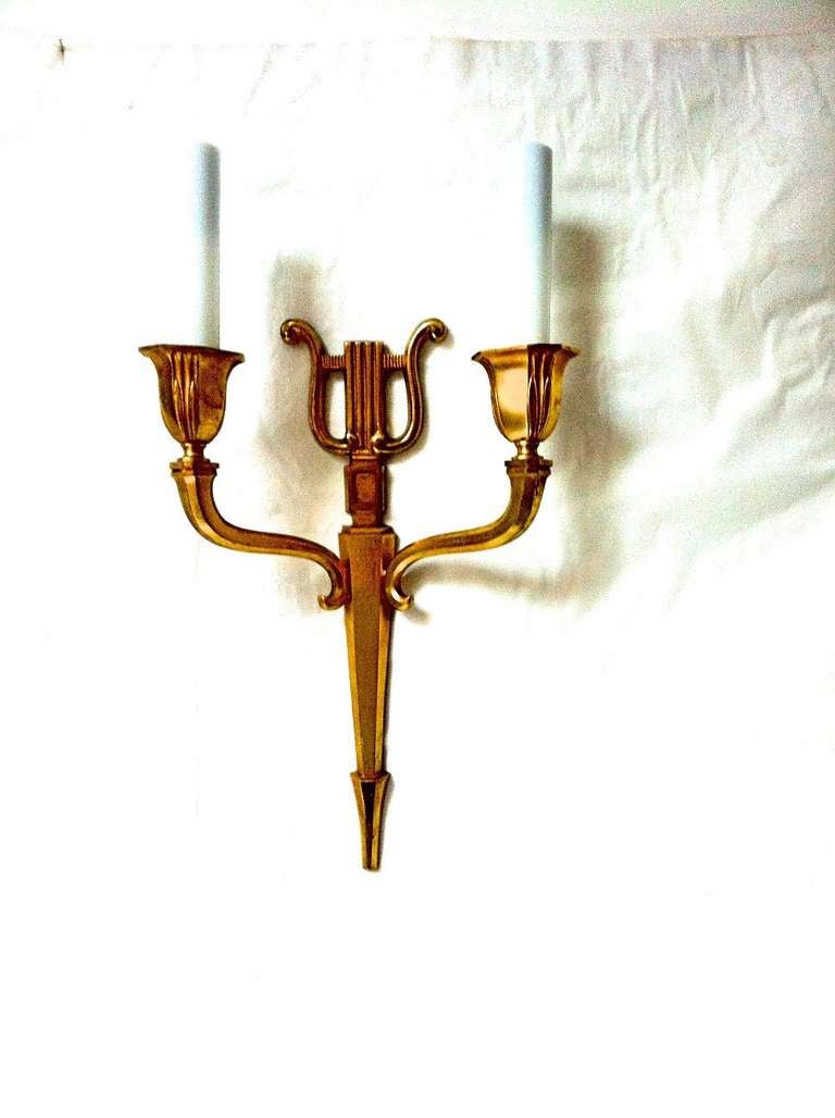 Maison Baguès Refined Gold Bronze Harp Pair of Sconces For Sale 2