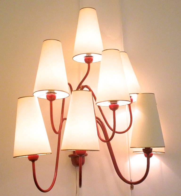 Jean Royère Red Eight-Light Sconces, Model 