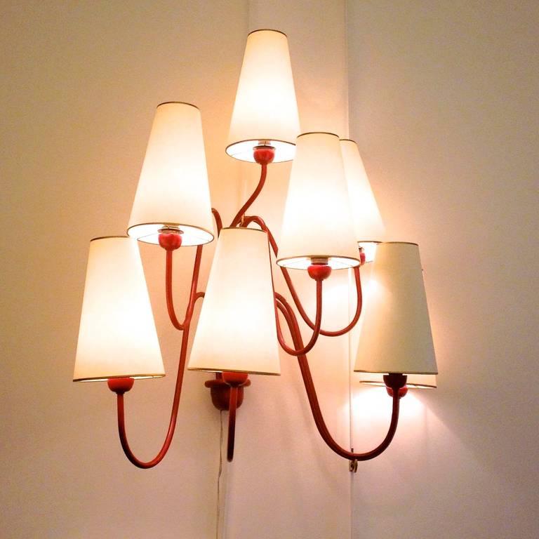 French Jean Royère Red Eight-Light Sconces, Model 