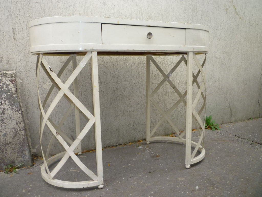 Charming lady desk or vanity in white painted wrought iron and mirror top
with the typical style of 1950s French Riviera, two available if needed.