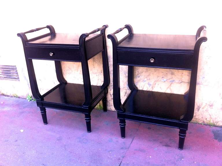 Maison Jansen Pair of Black Lacquered Neoclassic 1940s Bedsides