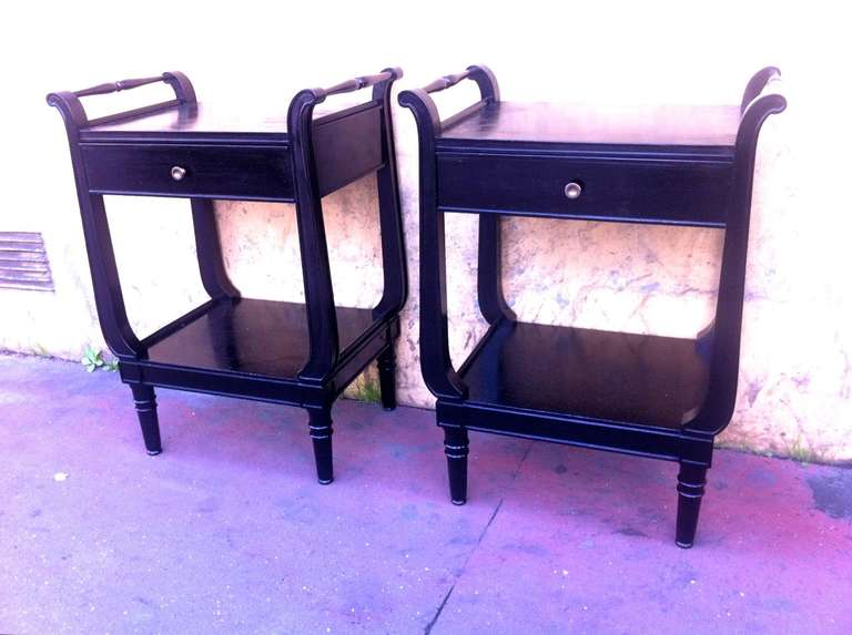 Maison Jansen Pair of Black Lacquered Neoclassic 1940s Bedsides For Sale 1