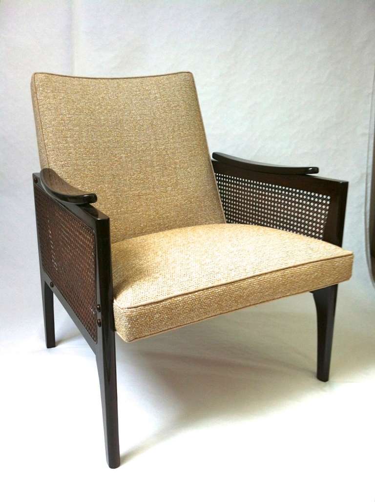 Maurice Jallot chicest pair of mahogany rattan side restored chairs, newly upholstered in Maharan material.