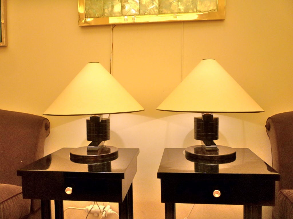 Mahogany ANDRE SORNAY SIGNED Very Rare pair of nailed lamps in rosewood